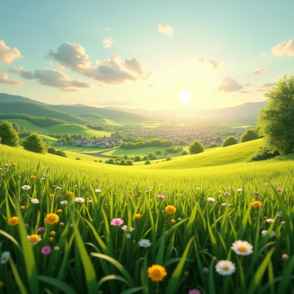 grassy meadow, ground level, town far off in the distance, ray tracing, masterpiece, accurate, super detail, high details, highres, 1080P, HD, 4K, 8k, 16k, best quality