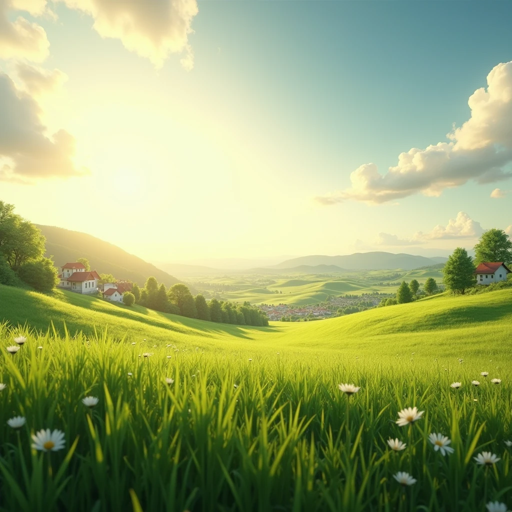 grassy meadow, ground level, town far off in the distance, ray tracing, masterpiece, accurate, super detail, high details, highres, 1080P, HD, 4K, 8k, 16k, best quality