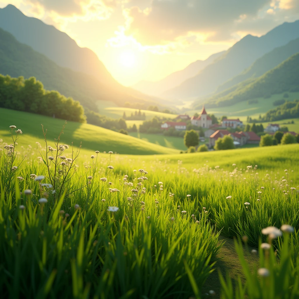 grassy meadow, ground level, town far off in the distance, ray tracing, masterpiece, accurate, super detail, high details, highres, 1080P, HD, 4K, 8k, 16k, best quality