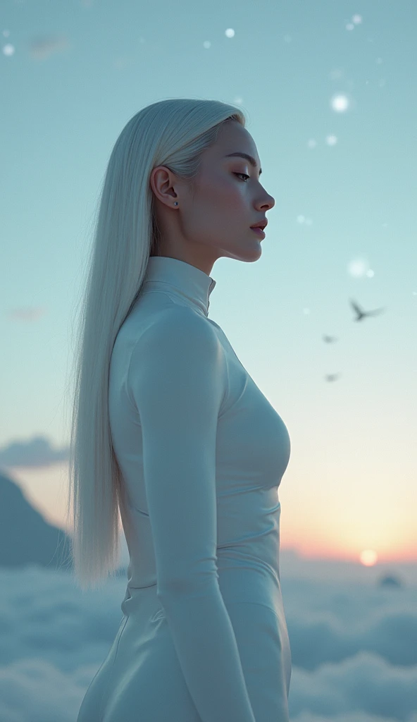 platinum female blonde, sleek lines, muted moody dusk, starlit hues, soft gradient sky, futuristic elegance, cosmic tranquility