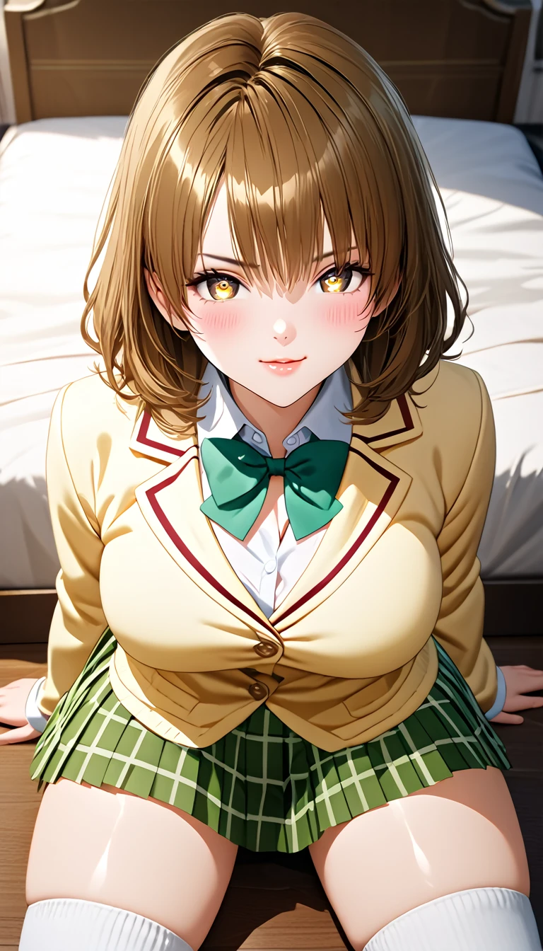 (masterpiece,ultra-detailed,best quality,8K,CG,realistic,illustration:1.2),(perfect-composition,detailed beautiful face,Clean skin,photographical skin,shiny skin,shiny hair, photographical hair,ultra detailed eyes,shaved,kawaii,uncensored:1.1),medium hair, 1girl, solo, brown hair, brown eyes,large breast,winter school uniform, yellow blazer, buttoned blazer,plaid skirt, green skirt,green bowtie,thigh socks,boots ,blushing,serious smile , glossy lips ,sitting on bed edge ,arms spread,luxury room,full body, above view