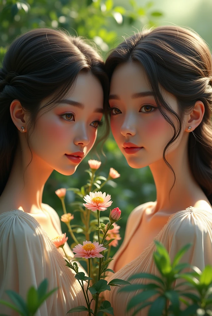 (photorealism:1.2),two beautiful woman watch flower