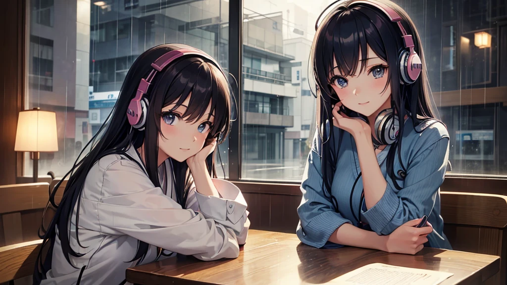 "Draw a Japanese girl in anime style, sitting in a café with headphones on. Rain falls outside the window, creating a cozy atmosphere. She has a gentle expression, with soft lighting. Ensure the image is perfectly designed with natural poses and proportions."