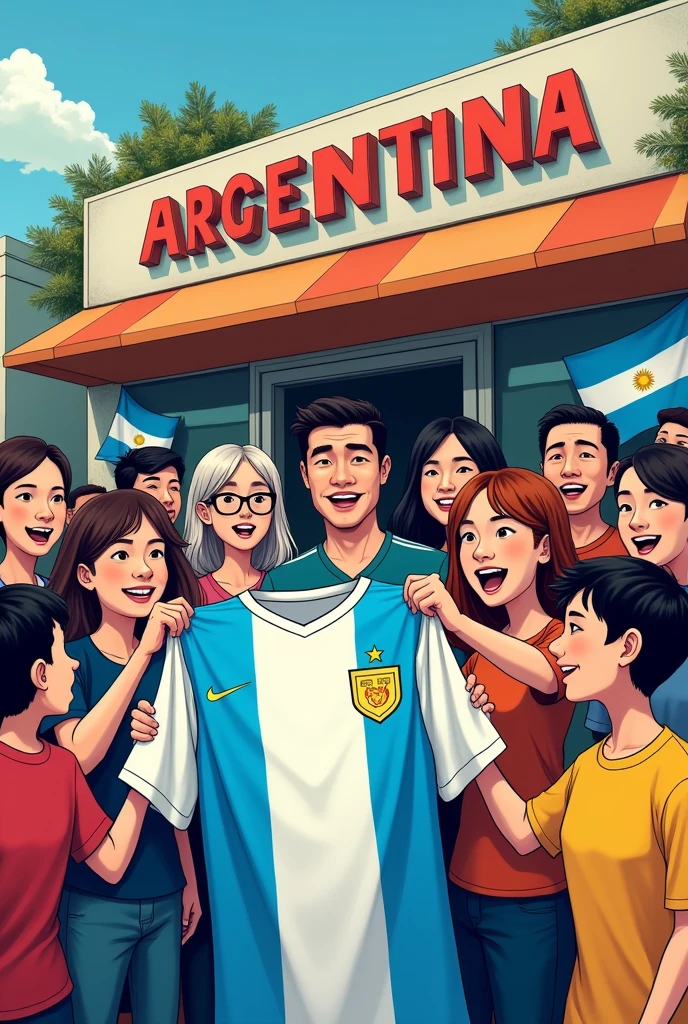 Generate me an image, a simple drawing with people in front of a business or store promoting or showing a new Argentina shirt 