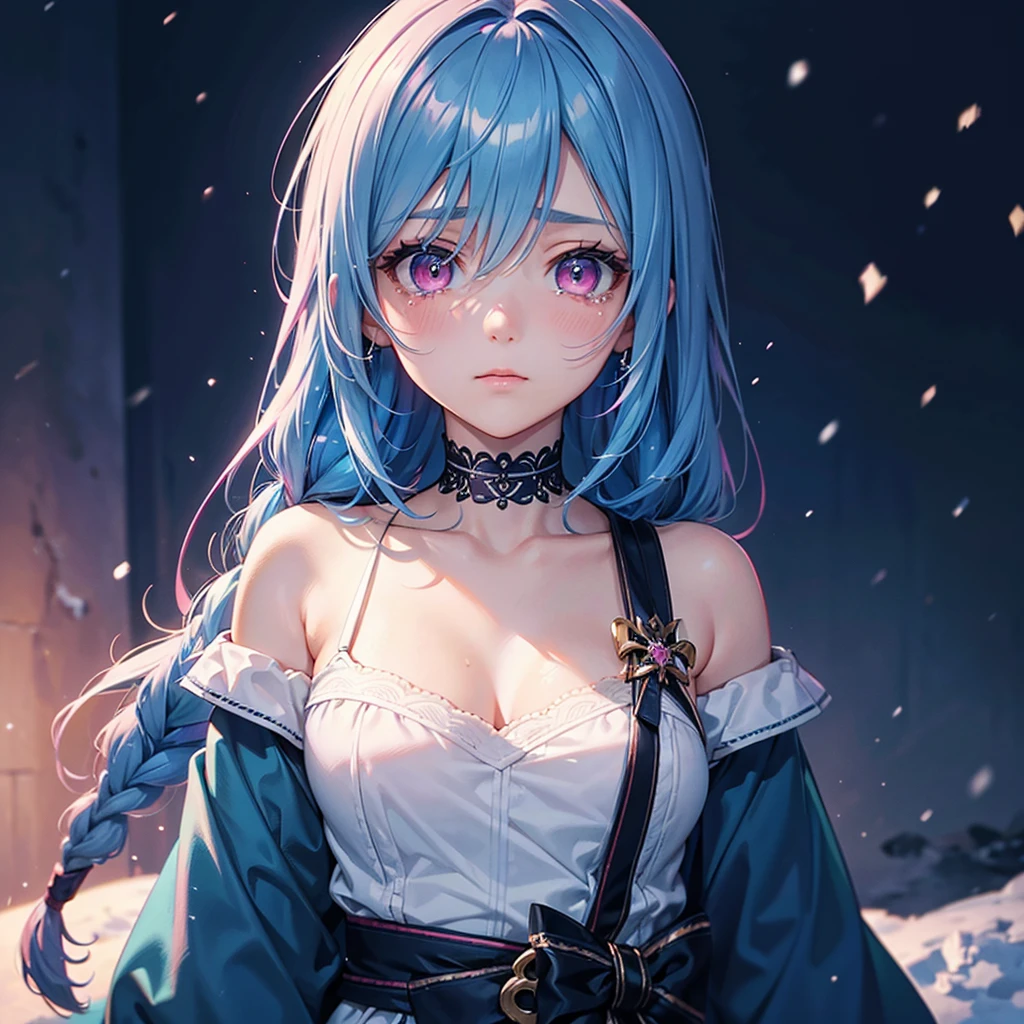 (Tying her sky blue hair into a single braid),(Pink Eyes),Fair skin,whole body,alone,Lonely face,tears,(Snowy Night),A lonely girl who got dumped just before Christmas,(masterpiece, Highest quality, Very detailed), Best Shadow,Detailed Background,Beautifully detailed face,High Contrast,Best lighting, Very delicate and beautiful,Cinematic Light,Hyper Detail,8k,Dramatic Light,Exquisite detail,