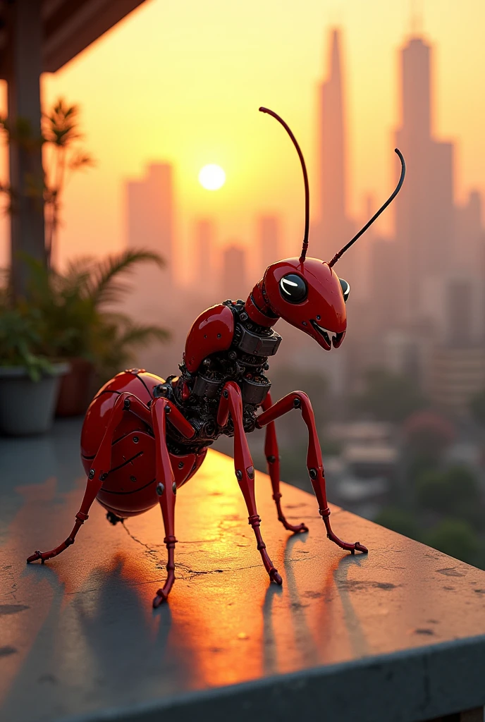 Red ant with robot body in building terece at sunset side view 