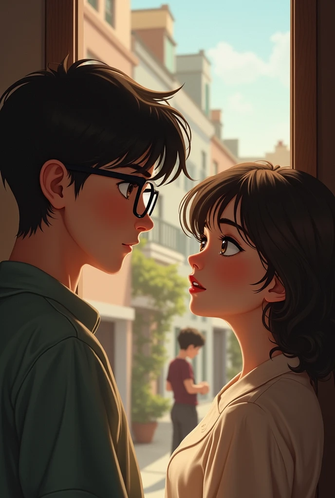 A baby face men wearing glasses,love a neighbour women looking her at a distance with Love