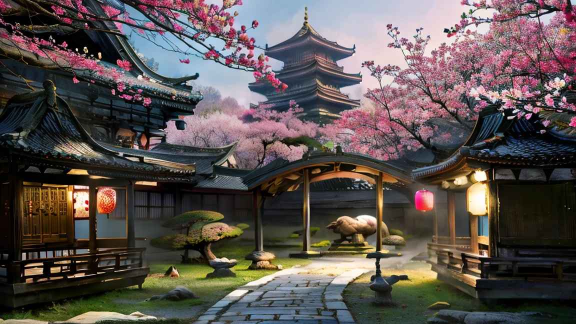 sakura cherry blossom garden, chinese imperial castle, traditional japanese garden, tranquil, pagoda, flowers, lush greenery, vibrant colors, soft lighting, intricate details, (best quality,4k,8k,highres,masterpiece:1.2),ultra-detailed,(realistic,photorealistic,photo-realistic:1.37),stunning landscape, breathtaking scenery, atmospheric, serene, peaceful, harmonious, cinematic composition