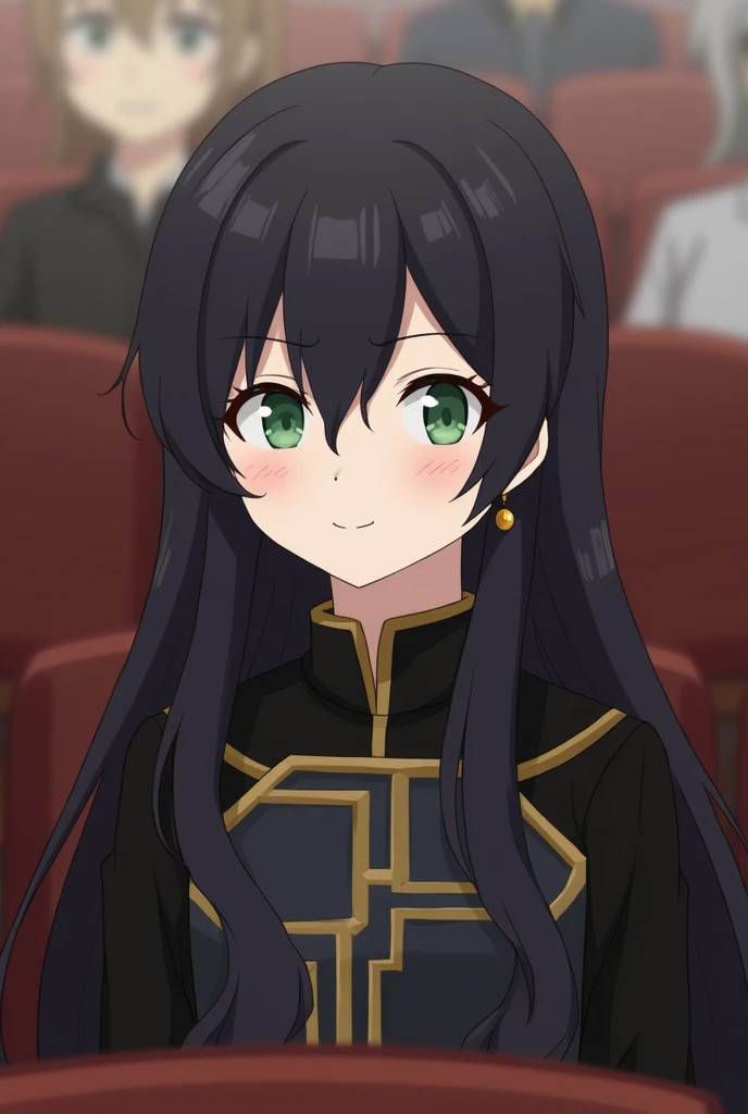 1人of女of子, armor, black_hair, Blurred, Blurred_background, Blurred_prospect, chest, green_eye, Closed_mouth, depth_of_Field, Earrings, jewelry, length_hair, Looking_in_Audience, smile, 一人in, upper_body