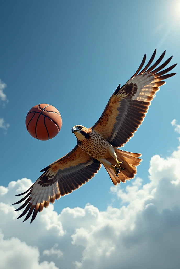 A hawk holding a flying basketball