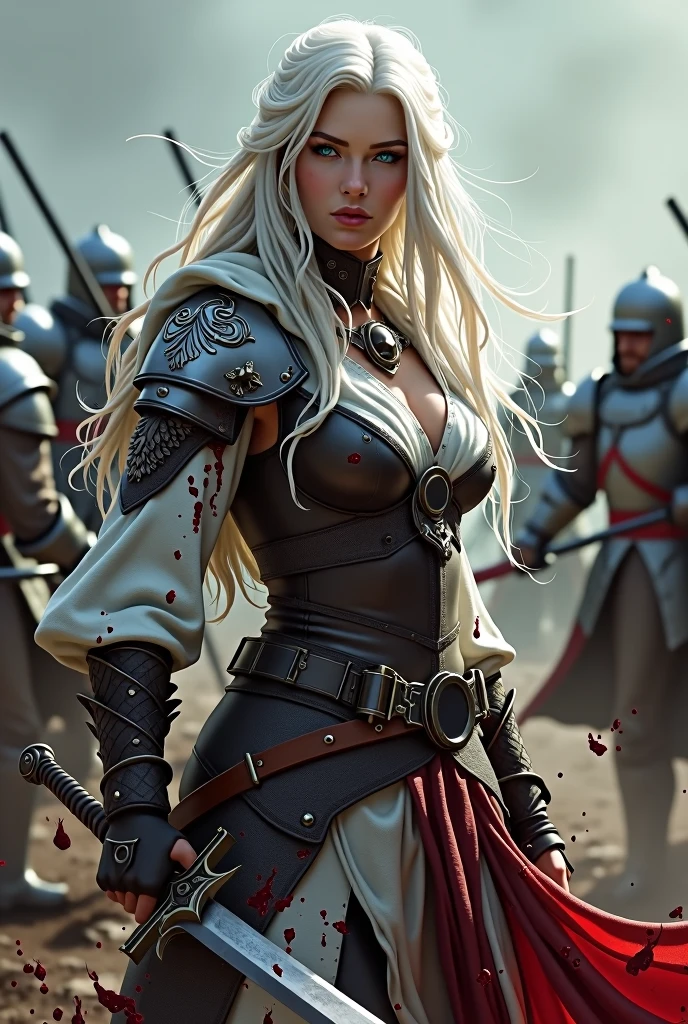 Woman with long platinum white hair, blue colored eyes, medieval clothing, Determined gaze. she is a warrior, she is using a sword, fighting against military forces, she's all bloody. realisitic