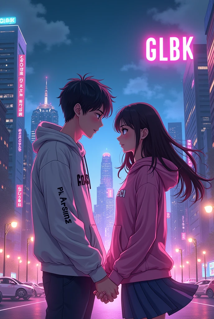 Create 2 couple character anime:
Character 1: male, hoodie HD text: “Pras”, handsome;
Character 2: female, hoodie HD text: “Cici”, beautiful;
{background: capital text: “GLBK” in right-top, night city},
realistic, HDR, korean style, full body, use magic, age 20