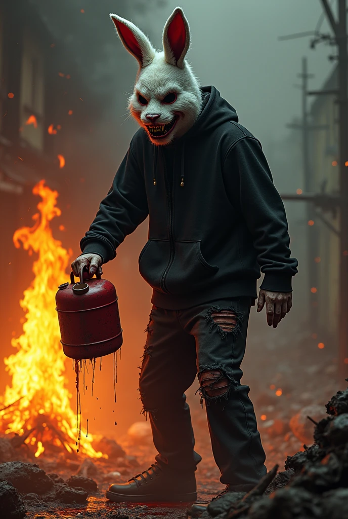 1 male, furry White bloody rabbit mask with creepy smile and yellow bloody teeth, pouring big red gasoline can on fire, completely Black hoodie, ethereal, detailed, masterpiece, best quality, dramatic lighting, full body, side camera, torn Black pants, blood stains, massacre in the background, horror, creepy