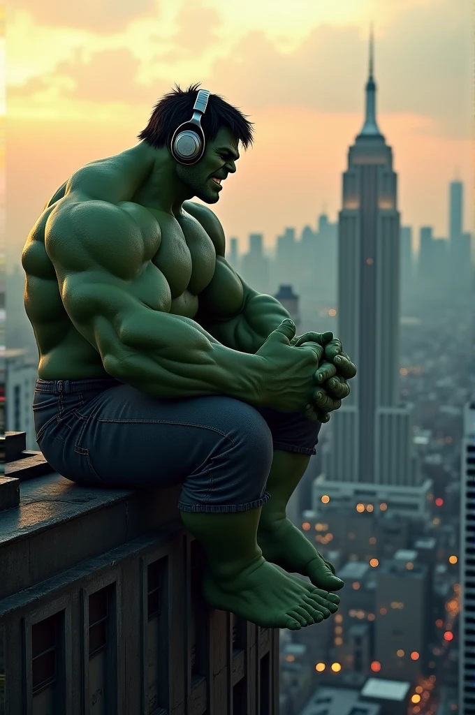 Hulk smiled, sitting on a building top, listening music with headset