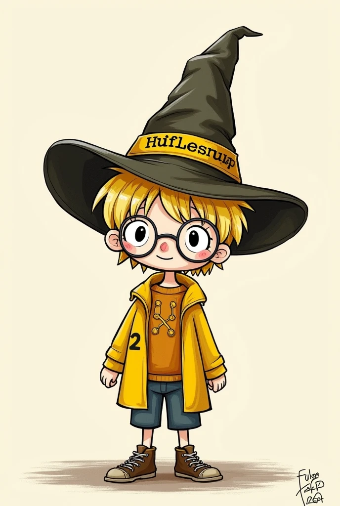 Draw a picture of a boy named Winston, in the Hogwarts Sorting Hat, he's blond, wear glasses, black eyed, with yellow jacket, the hat says he is from Hufflepuff, make the drawing in stick form (don't be realistic) and be careful with your eyes, make them symmetrical