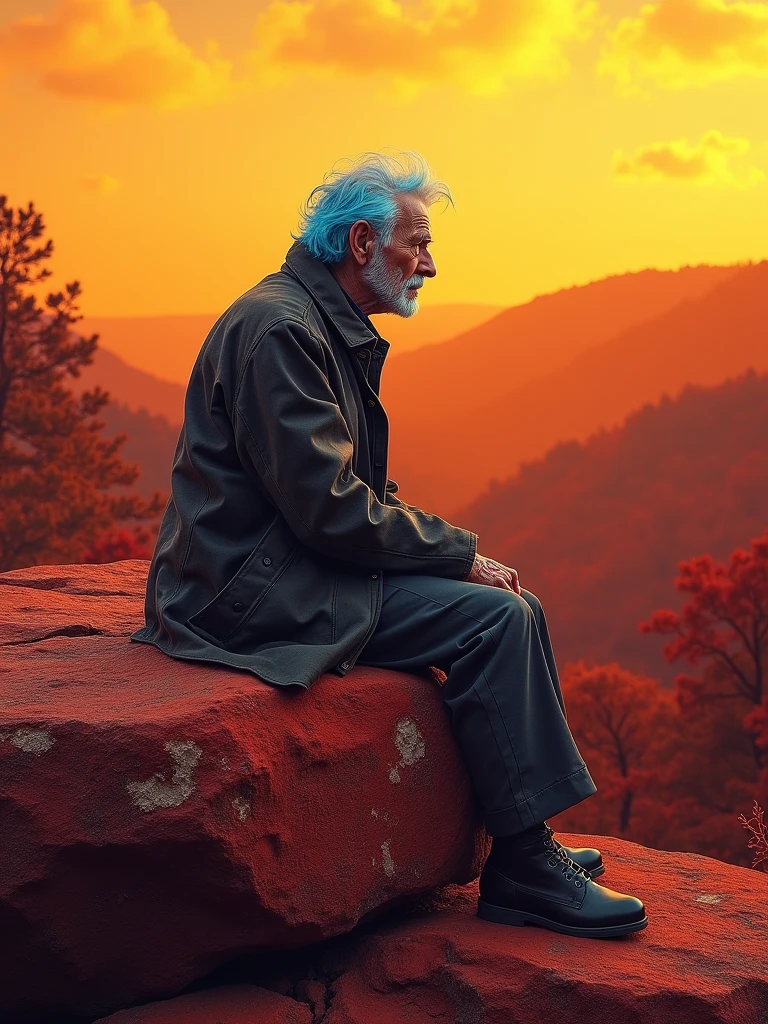 actor John hurt aged, with grey skin and blue hair, sitting on a large red rock staring at the burgundy forest in the horizon, yellow skies -ar 1:1