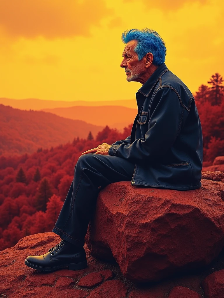 actor John hurt aged, with grey skin and blue hair, sitting on a large red rock staring at the burgundy forest in the horizon, yellow skies -ar 1:1
