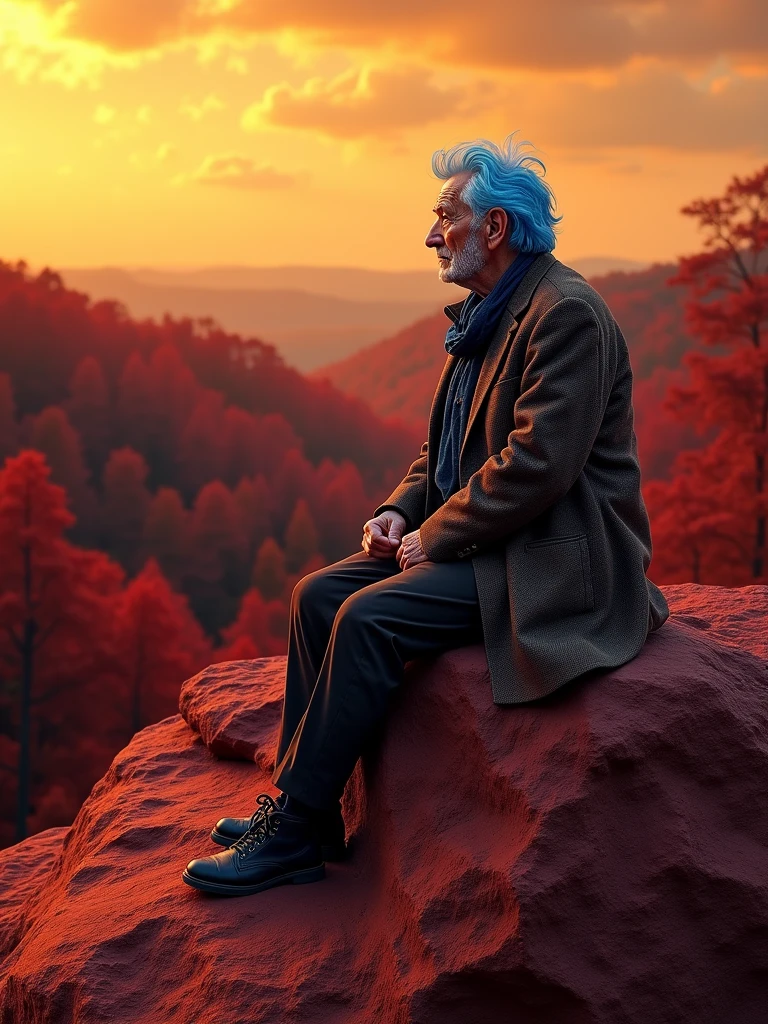 actor John hurt aged, with grey skin and blue hair, sitting on a large red  rock staring at the burgundy forest in the horizon, yellow skies -ar 1:1