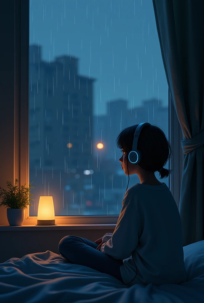A girl wearing headphone is watching boob from her bedroom's window. The time is night and raining outside. The theme is lofi.
