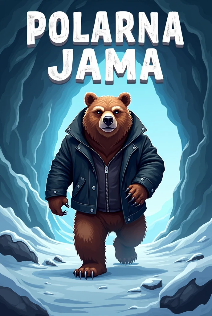 2d logo of a Bear with a beard walking on two paws in a black leather jacket to an ice cave with the inscription above the cave Polarna Jama