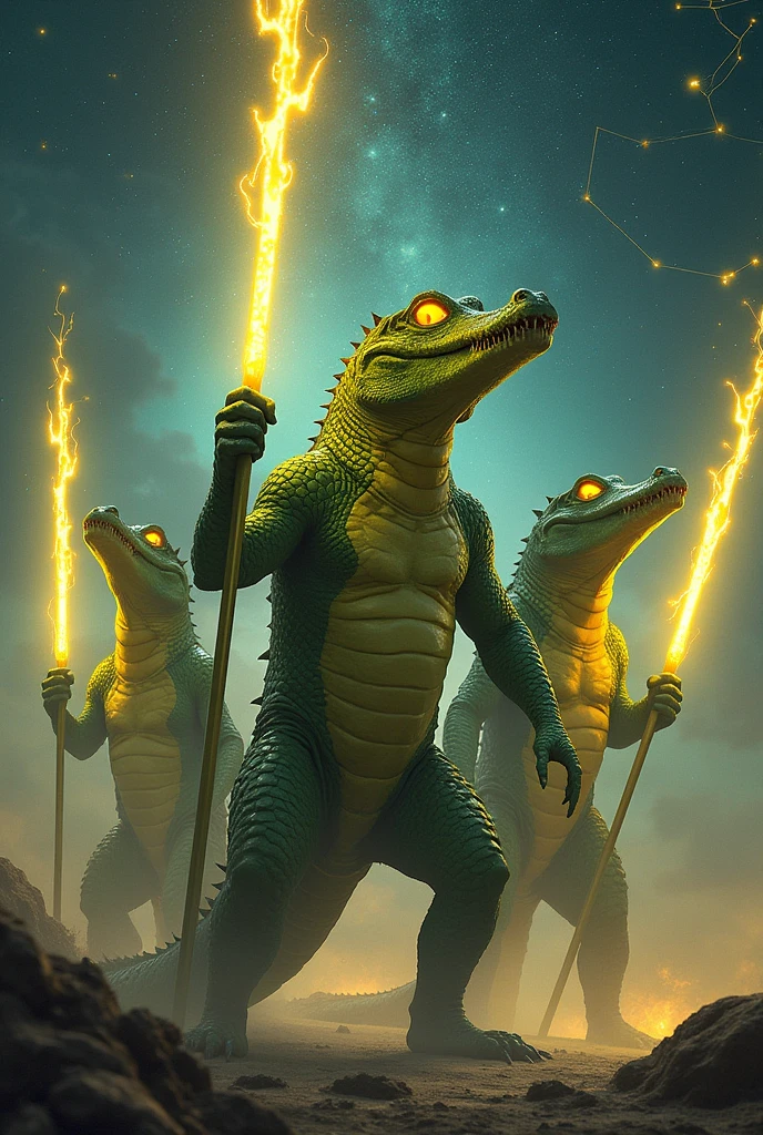 Create several adult-sized alligator-like black reptilian humanoids and their eyes are pulsating yellow and they all hold electric yellow spears and behind them is the constellation of the Pleiades and Orion in a war zone