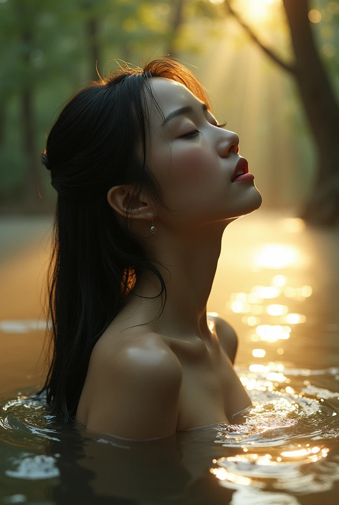 A young and elegant korean cute nude girl inside a river on the forest. The sunlight filtering through the trees illuminates her body, making her look like a goddess. (show her nipples:1.3) The scene is surrounded by gentle light, creating a calm and peaceful atmosphere. Ultra realistic, detailed wet skin texture, detailed beautiful face, detailed wet hair, misty river