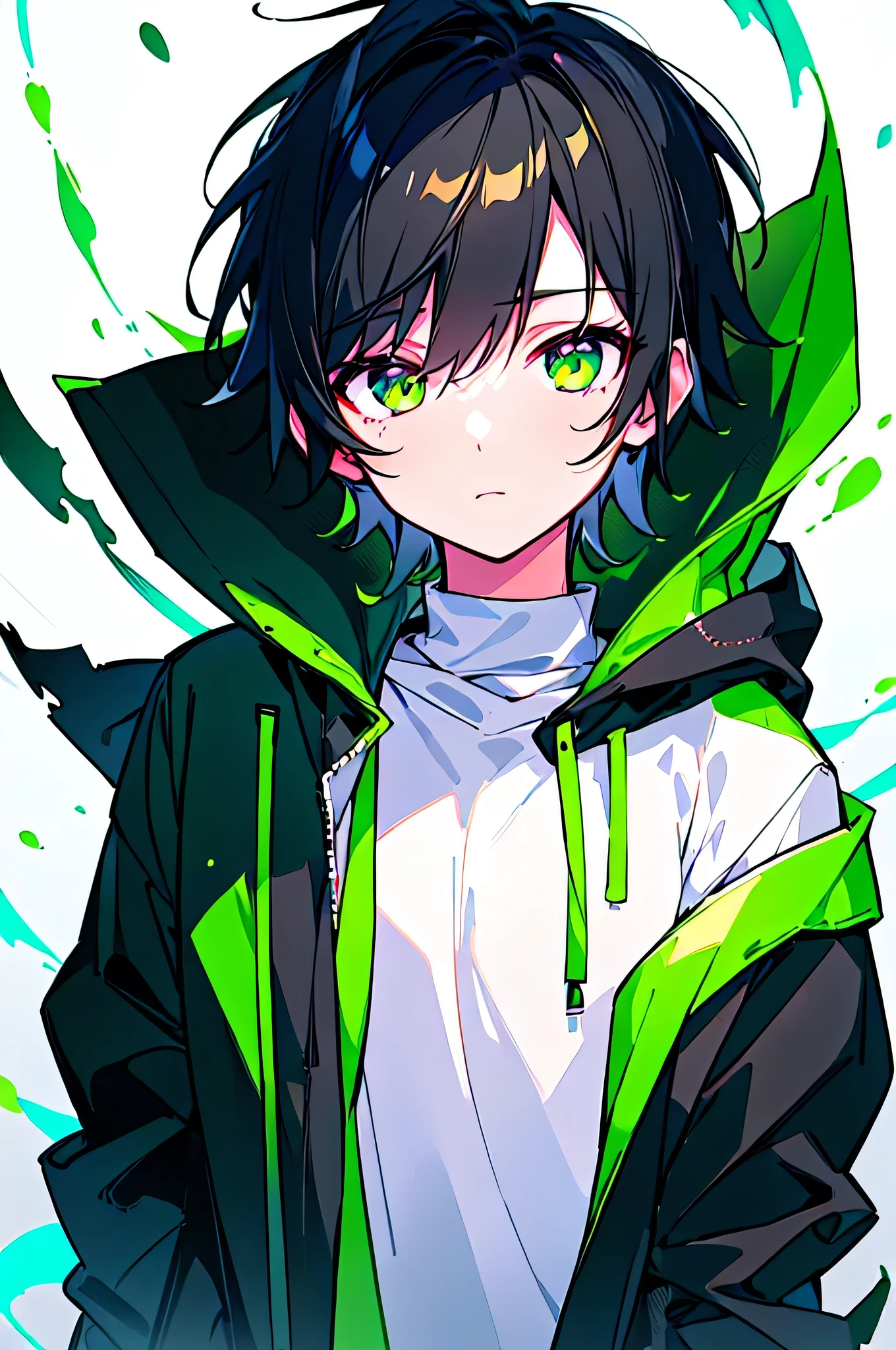 [(WHITE BACKGROUND:1.5),::5], (((masterpiece))), high quality, ultra_very_high_resolution, large_filesize, upper body, (green base), full color, ((solo)), ((little boy)), ((black short hair)), green eyes, anime, neon light, black parka,