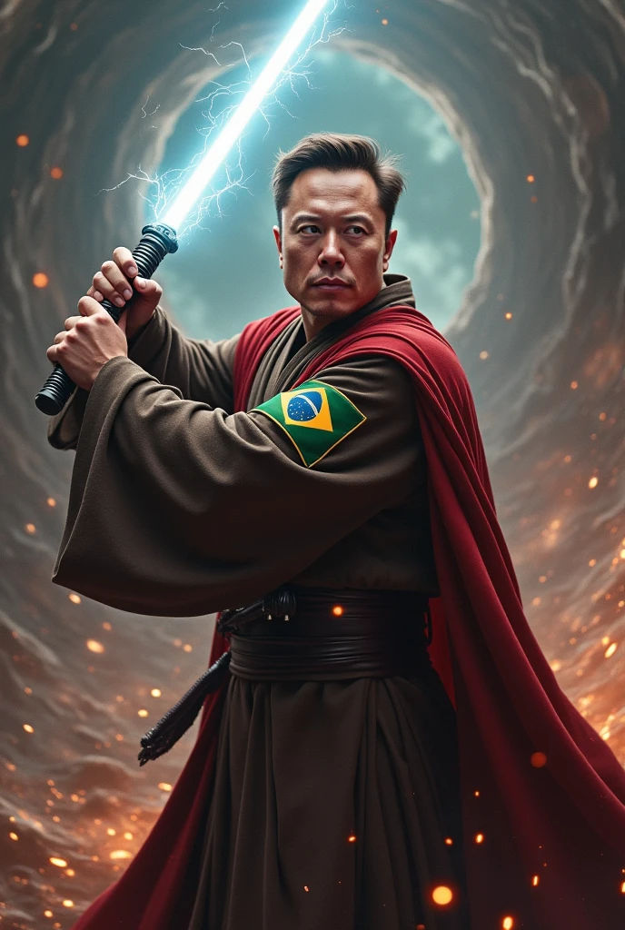 Image of Elon Musk wearing a Star Wars obi outfit with a Brazilian patch with lifting power over Voldemort away in a battle