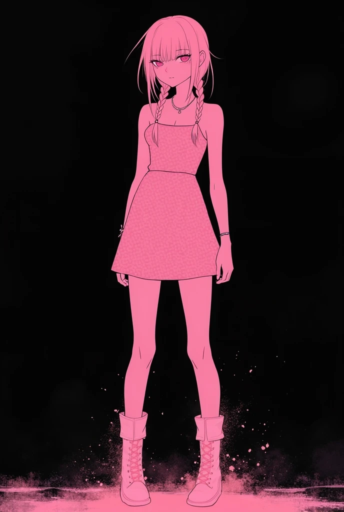Pink silhouette of a soft punk girl against a black background, full body stance, wearing a grunge-inspired checkered short dress paired with high boots, hair styled in braids, captured with a Polaroid effect, inspired by artists Ida Rentoul Outhwaite and Ilya Kuvshinov, highly detailed, digital manga painting.