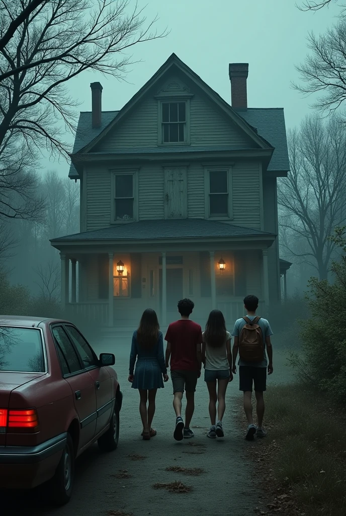 Four friends in leaving a car and for granny haunted house and 1 friends reaction this is granny house