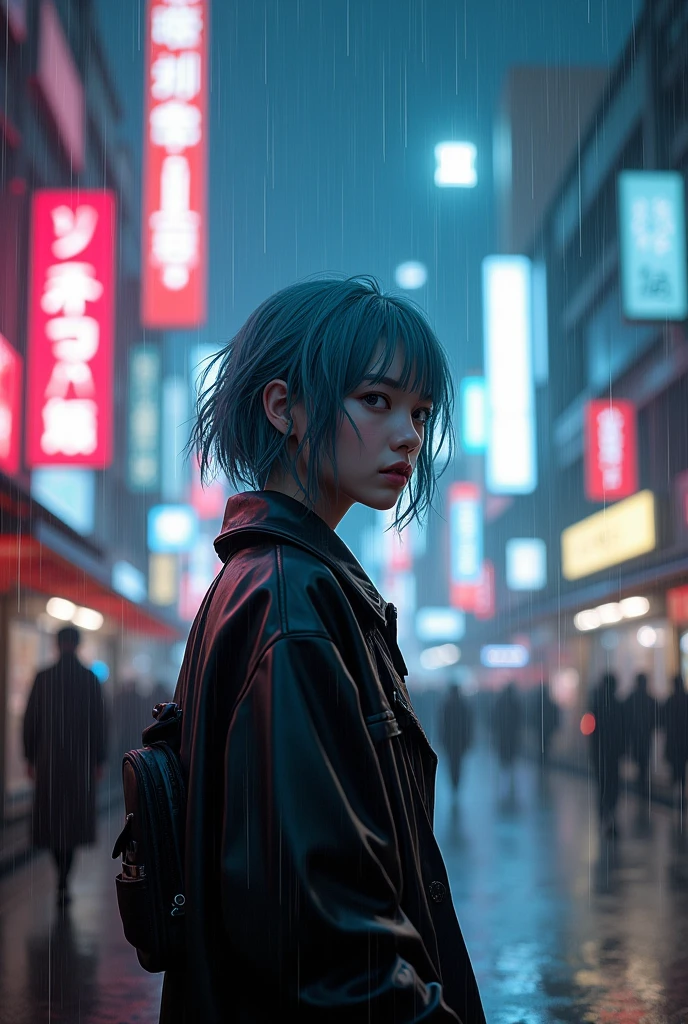 8K, RAW photos, best quality, masterpiece:1.2),(Practical, photo-Practical:1.37),Tokyo Street,night, rain, wet,city View,night, Cyberpunk City,Soft Light,1 Girl,, Extremely beautiful face,Break,Hands down,Random Hairstyle,Random hair color,Random Expression,pigsney