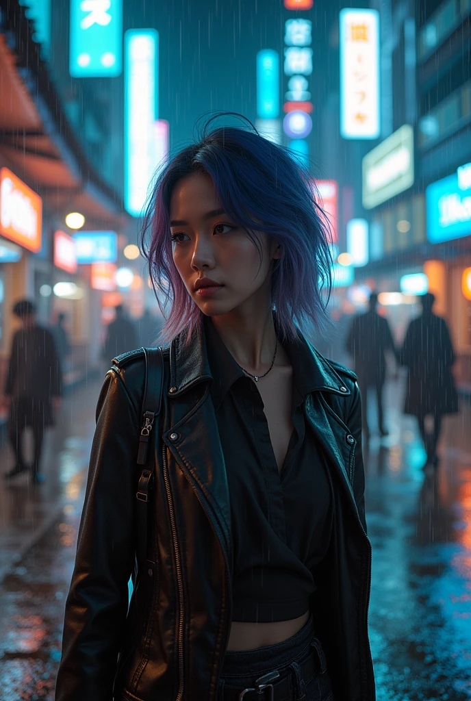 8K, RAW photos, best quality, masterpiece:1.2),(Practical, photo-Practical:1.37),Tokyo Street,night, rain, wet,city View,night, Cyberpunk City,Soft Light,1 Girl,, Extremely beautiful face,Break,Hands down,Random Hairstyle,Random hair color,Random Expression,pigsney
