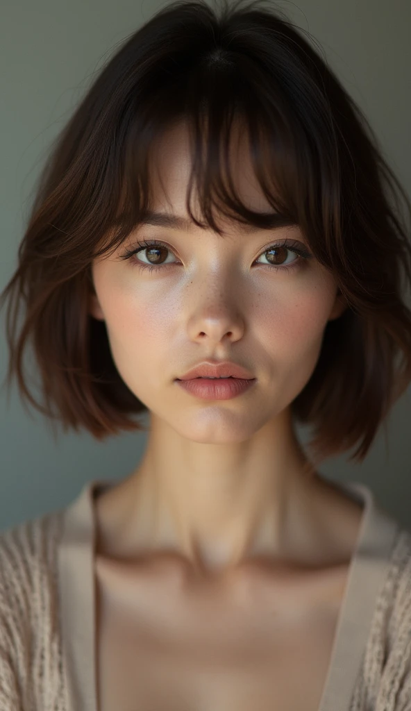 A close-up realistic of a woman with short straight brown hair, neutral expression, and natural makeup, set against a solid bedroom background. The woman is wearing a black top, and her gaze is directly at the camera. The image captures fine details in her face and hair, with soft lighting emphasizing her features."