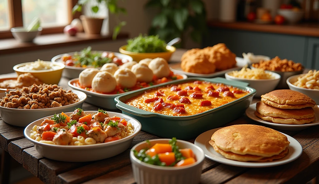 Large table,different types of Casseroles, Meat dumplings, pancakes on it