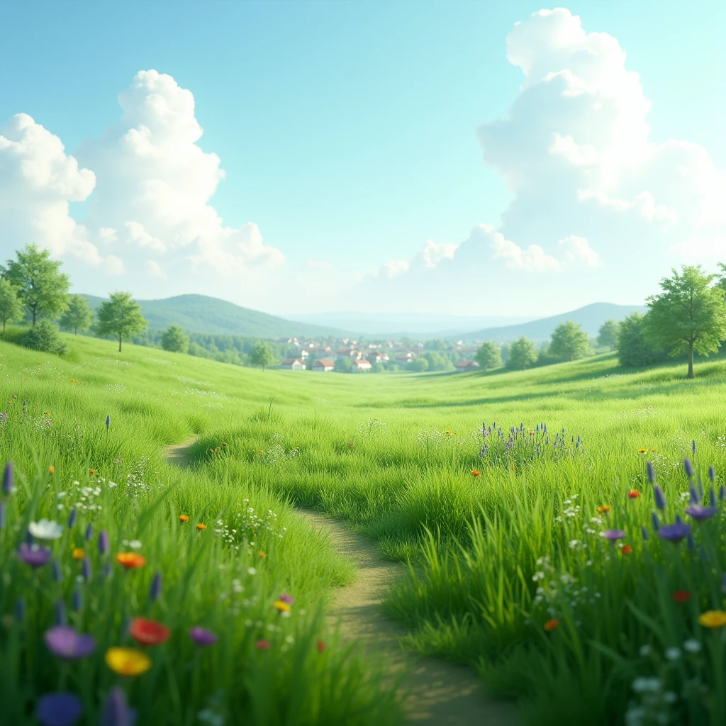 grassy meadow, town far off in the distance, ray tracing, masterpiece, accurate, super detail, high details, highres, 1080P, HD, 4K, 8k, 16k, best quality
