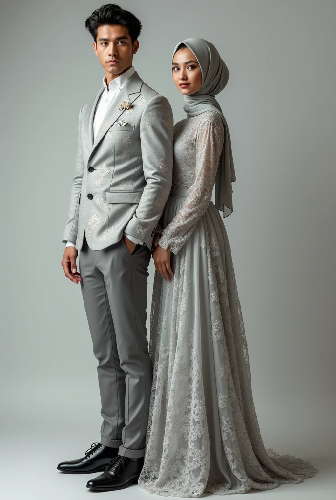 A strong young man wearing a short light gray diamond flower patterned songket coat and gray slacks with a Muslim woman wearing a light gray lace fabric dress