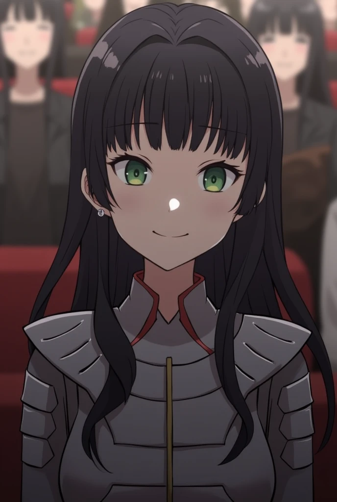 1人of女of子, armor, black_hair, Blurred, Blurred_background, Blurred_prospect, chest, green_eye, Closed_mouth, depth_of_Field, Earrings, jewelry, length_hair, Looking_in_Audience, smile, 一人in, upper_body