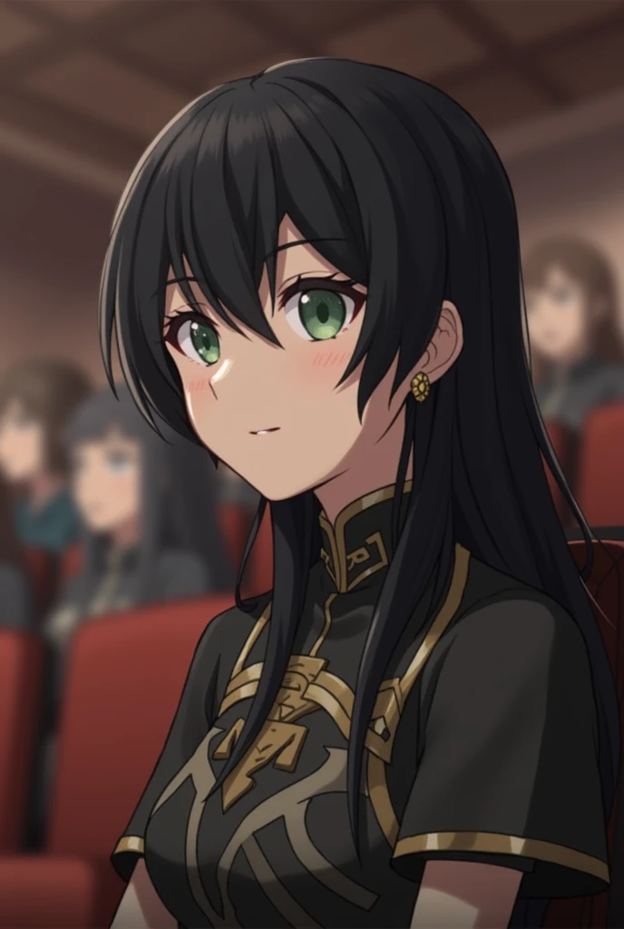 1人of女of子, armor, black_hair, Blurred, Blurred_background, Blurred_prospect, chest, green_eye, Closed_mouth, depth_of_Field, Earrings, jewelry, length_hair, Looking_in_Audience, smile, 一人in, upper_body