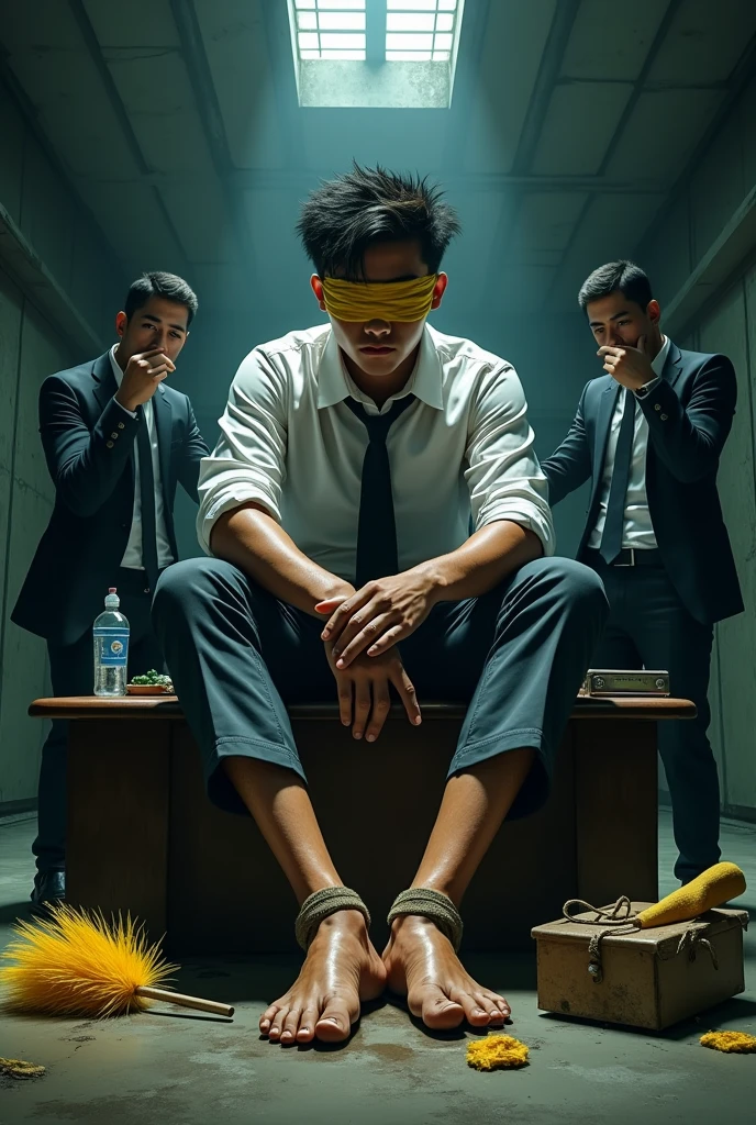 Malaysia malay handsome 19years student
He fainted
Smelly feet
His hand handcuff in abondon warehouse
Blindfolded
handcuff
Formal Outfit
Focus sweaty hot feet on desk
feather duster on desk
Dirty Yellow sock on desk
2 mafia pinch nose