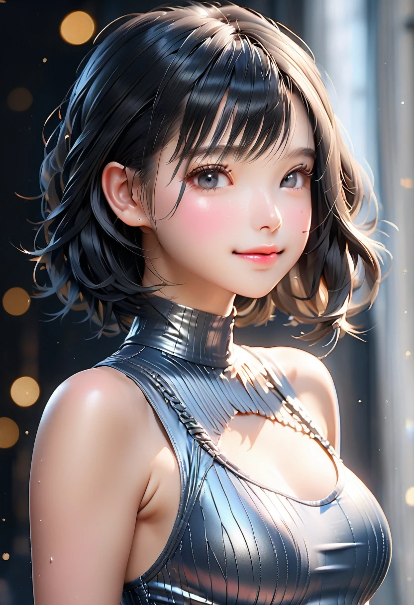 Highest quality, masterpiece, Ultra-high resolution, Realistic, RAW Photos, Intricate details, Portraiture,　((Top model poses:1.2)), Perfect contours, break　((whole body:1.2, from side:1.2,  Watch the audience:1.2)), (small, short, Little Girl:1.2), Big beautiful blue eyes, Black Hair、Braided Bob, (make up:1.5, shine lips:1.5, full lips:1.5, pink lips), break (Firm breasts:1.2, High chest:1.2), (Curvy waist:1.2), Competitive swimmer, (one piece:1.2, turtleneck:1.2, Sleeveless swimwear:1.2, barefoot), (Super Gloss Metallic Gray, glowing:1.5, tight high leg swimsuit:1.2), break (Place your hands above your head:1.5、Arch your back:1.5)、(Smiling Kindly、Close your mouth、Watery eyes:1.5), (Wet Skin), (Beautiful wrinkle-free armpits:1.5), (Empty-handed)、The background is a photography studio
