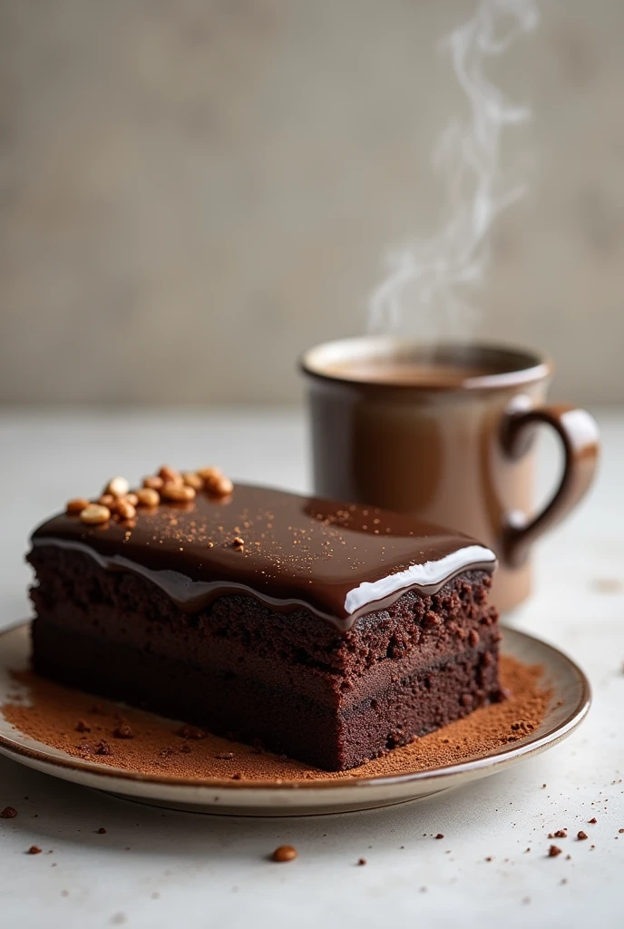 Chocolate Cake and Coffee: A rich, decadent chocolate cake with a glossy ganache, served alongside a steaming cup of coffee.
