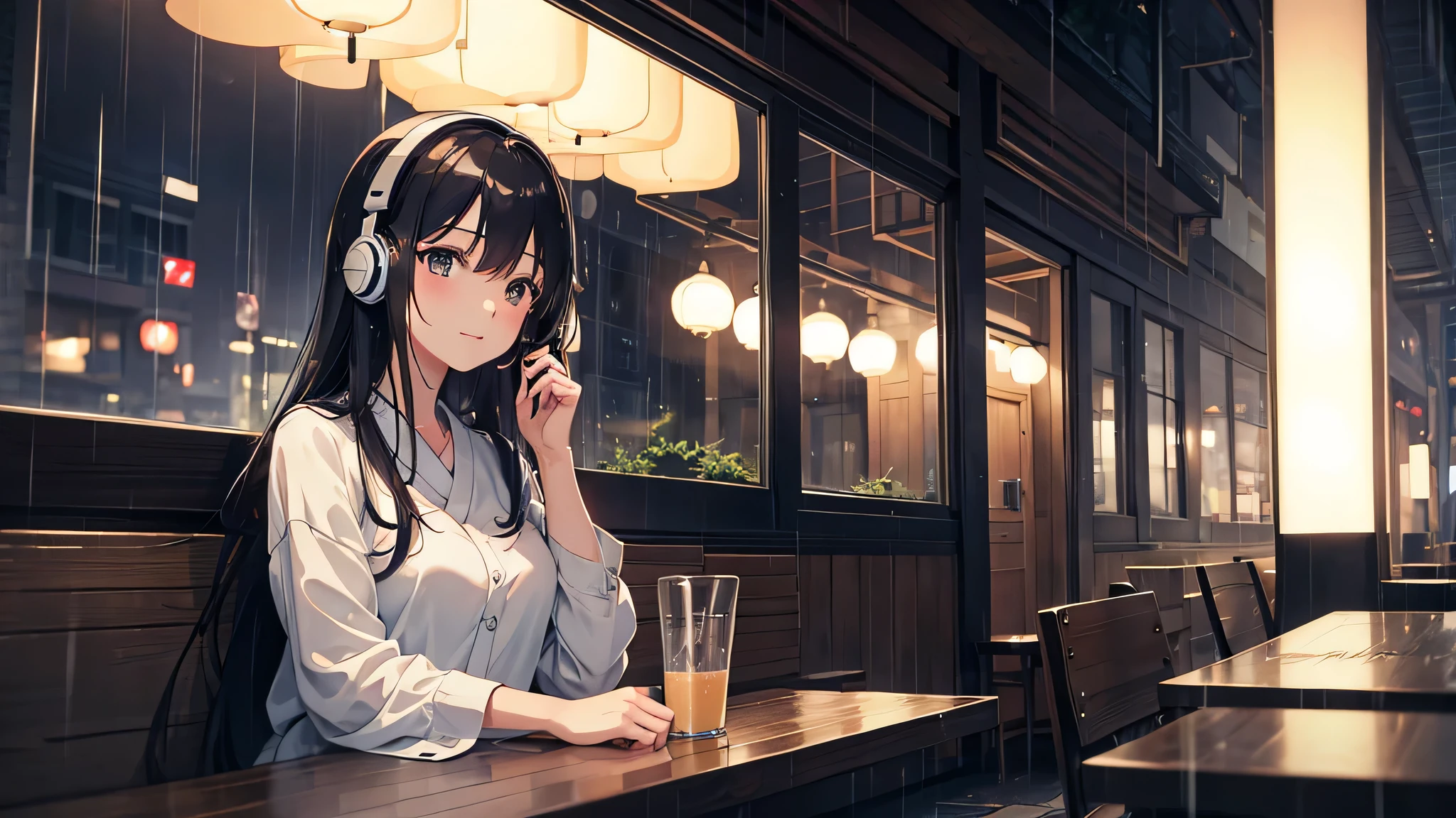 Beautiful girl drinking alone at the counter of a jazz bar,1 glass,Wearing headphones,High resolution,Alcohol and cocktails on shelves,Ghibli-style anime scene