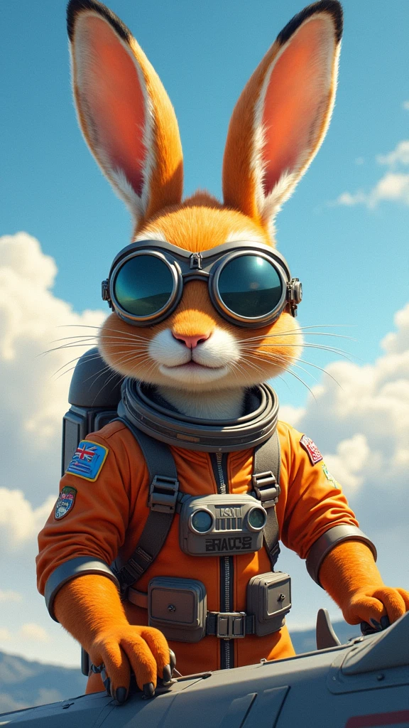 Orange hare as if he were an airplane pilot with aviator glasses and astronaut uniform realistic drawing