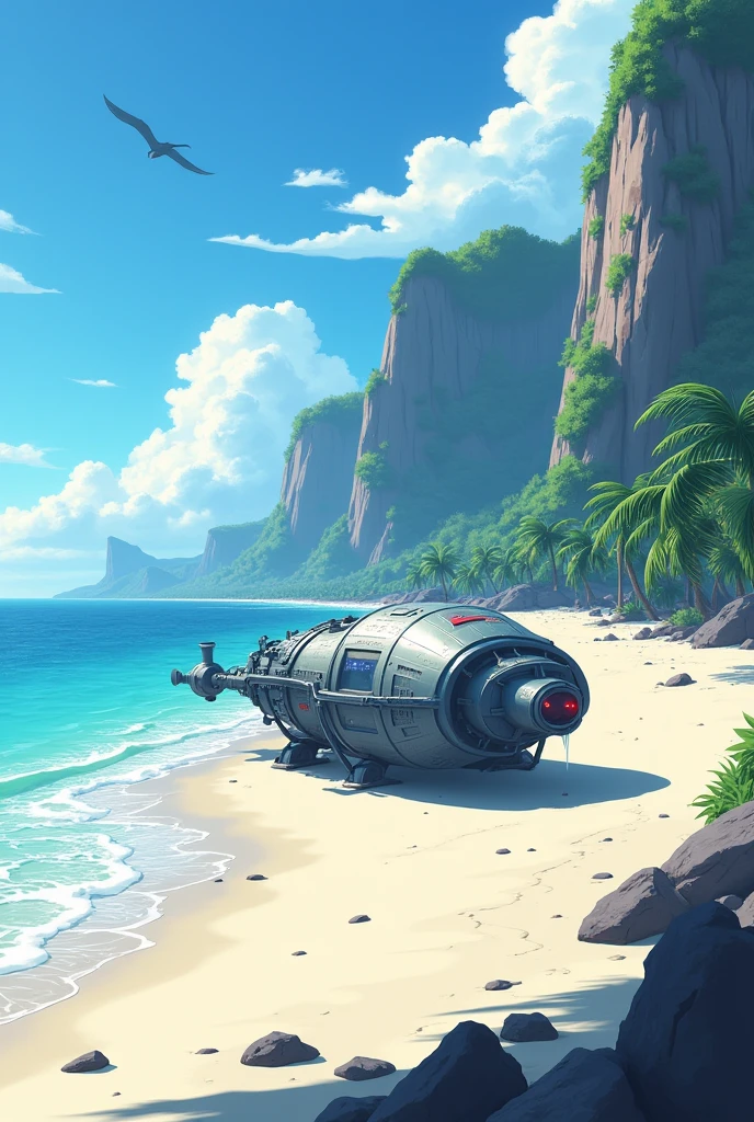 Time machine stranded on an anime-like coastal beach