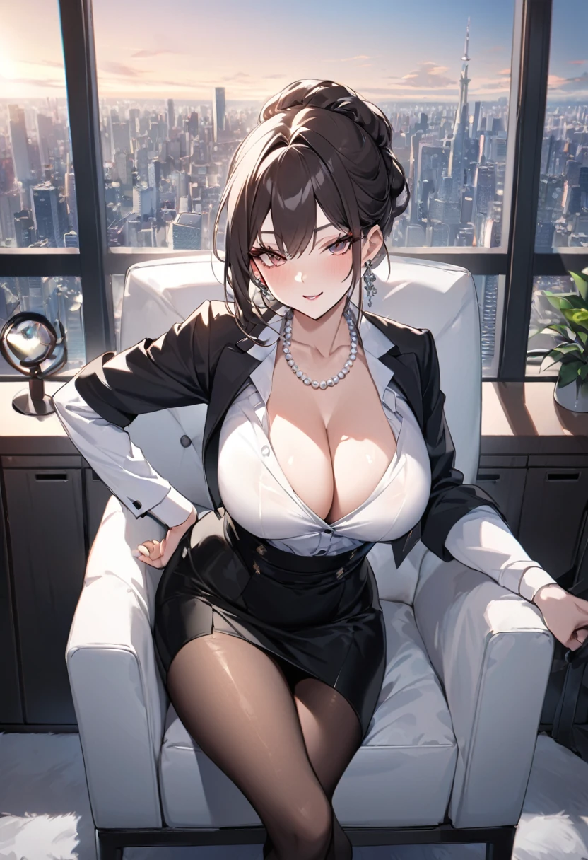 "Devious Curvaceous Japanese dominant very aged and old office lady confront me with curiosity and holy gaze to seduce and hypnotize and play with me like a sadistic dominatrix sugar mommy therapist seated on the office armchair with full authority and unmatched beauty to be bent to her will, 3, height 163cm, business chic with hidden curves (92-63-93 cm), ample E-cup breasts concealed under blouse, slender 63cm waist, full 93cm hips, shapely legs, clear fair skin (RGB: 255, 233, 209), oval face with soft features, almond-shaped eyes (dark brown, RGB: 54, 38, 22) with double eyelids, straight nose, full lips with natural pink color (RGB: 222, 165, 1) in a professional smile, long black hair styled in an elegant French twist updo, subtle makeup suitable for office with focus on eyes and neutral lip color, wearing opened formal coat with a crisp white blouse with top buttons open hinting at cleavage and a waist corset, form-fitting dark gray pencil skirt accentuating hips and ending just above knees, black 3-inch devious heel pumps and sheer shiny 20 den pantyhose on delicate luscious sexy legs to make you pump your semen like a naughty, delicate pearl necklace and earrings, standing confidently with one hand on hip in a modern office setting with floor-to-ceiling windows, Tokyo skyline view in background, soft natural lighting mixed with office fluorescents, corporate portrait style with a touch of glamour, shot with Sony A1 mirrorless camera, 85mm f/1.4 GM lens, ISO 200, 1/160 sec, 50MP resolution, focus on professional appearance with subtle emphasis on curves --ar 2:3 --q 2 --s 850 --v 6.0 --style raw"
