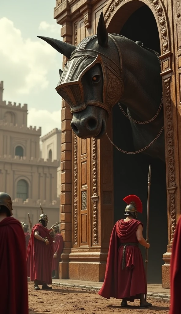 The moment Greek soldiers inside the Trojan Horse prepare to open the gates of Troy, with tension and anticipation on their faces, as the city of Troy lies unsuspecting outside."
