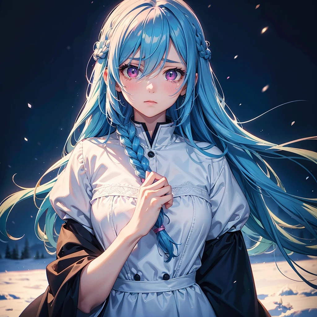 (Tying her sky blue hair into a single braid),(Pink Eyes),Fair skin,whole body,alone,Lonely face,tears,(Snowy Night),A lonely girl who got dumped just before Christmas,(masterpiece, Highest quality, Very detailed), Best Shadow,Detailed Background,Beautifully detailed face,High Contrast,Best lighting, Very delicate and beautiful,Cinematic Light,Hyper Detail,8k,Dramatic Light,Exquisite detail,