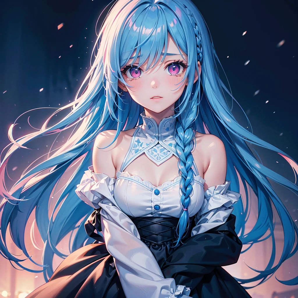 (Tying her sky blue hair into a single braid),(Pink Eyes),Fair skin,whole body,alone,Lonely face,tears,(Snowy Night),A lonely girl who got dumped just before Christmas,(masterpiece, Highest quality, Very detailed), Best Shadow,Detailed Background,Beautifully detailed face,High Contrast,Best lighting, Very delicate and beautiful,Cinematic Light,Hyper Detail,8k,Dramatic Light,Exquisite detail,