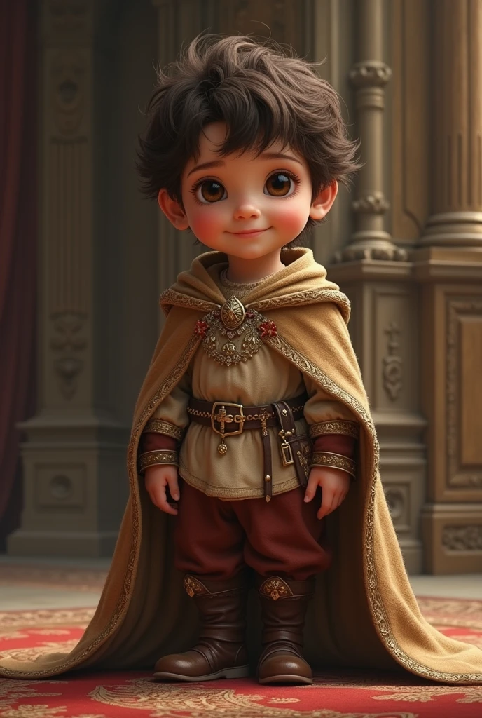 a grown man, who is about 2. He has fluffy dark brown hair and dark brown eyes. He wears simple medieval clothing. He is a prince.