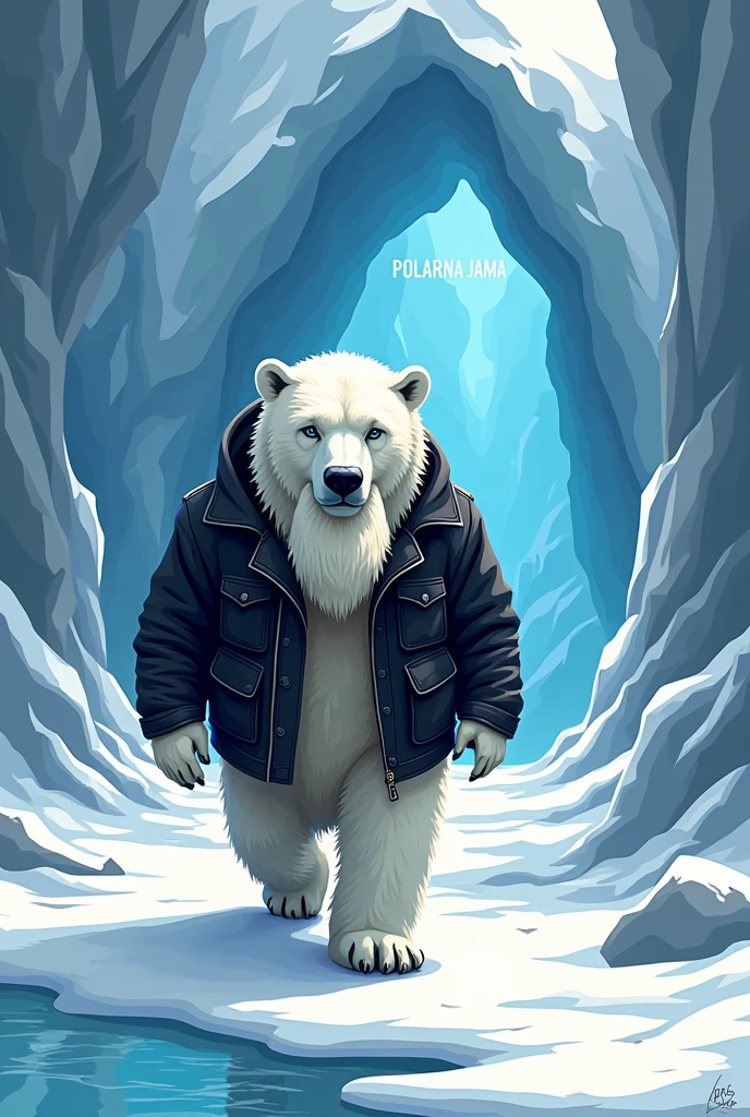 2d logo of a polar bear with a beard walking on two paws in a black leather jacket to an ice cave with the inscription above the cave Polarna Jama